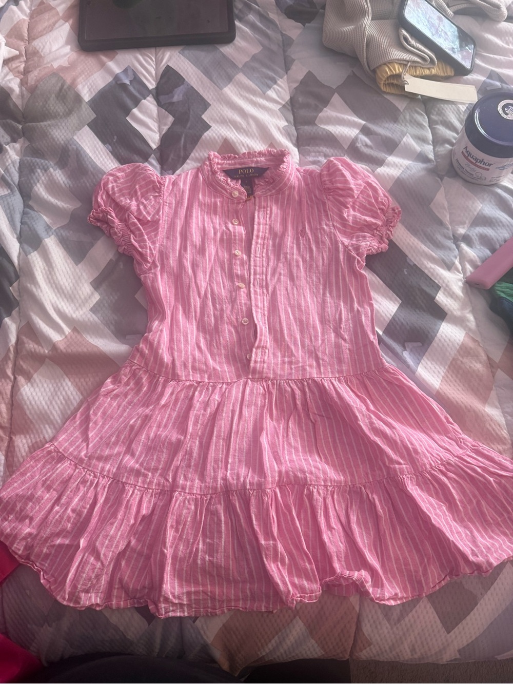 Ralph Lauren Girls' Pink Striped Tiered Dress - Lightweight Short Sleeve